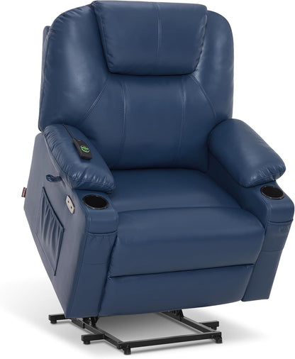 MCombo Electric Power Lift Recliner Chair Sofa with Massage and Heat for Elderly, 3 Positions, 2 Side Pockets, and Cup Holders, USB Ports, Faux Leather 7040 (Grey, Medium) — Medium-Wide / Blue