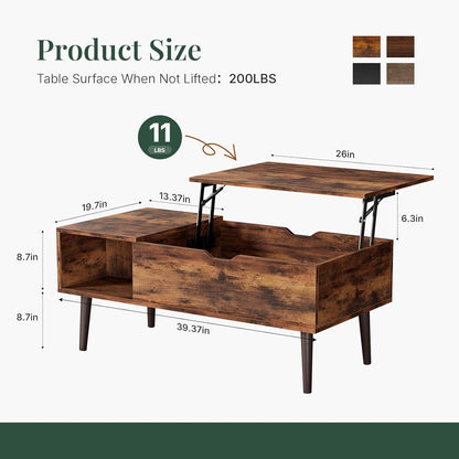 Wood Lift Top Coffee Table with Hidden Storage Compartment & Open Shelf, Multi-Functional Wooden Tabletop Dining Table for Living Room, Home Small Space — Rustic Brown / 39 Inches (2)