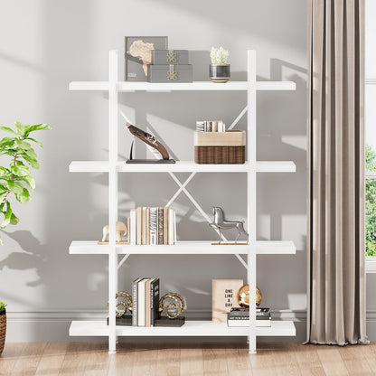HSH White Bookshelf, 6 Tier Tall Bookcases for Bedroom Living Room Office | Industrial Modern Vertical Metal and Wood Bookcases, Farmhouse 6 Shelf Open Large Storage Book Shelves Display Book Shelf — 4-Tier / White Oak