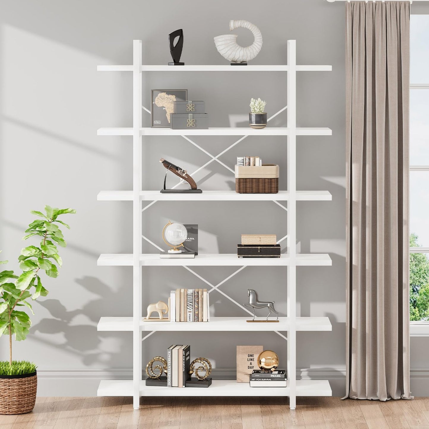 HSH White Bookshelf, 6 Tier Tall Bookcases for Bedroom Living Room Office | Industrial Modern Vertical Metal and Wood Bookcases, Farmhouse 6 Shelf Open Large Storage Book Shelves Display Book Shelf — 6-Tier / White Oak (4)
