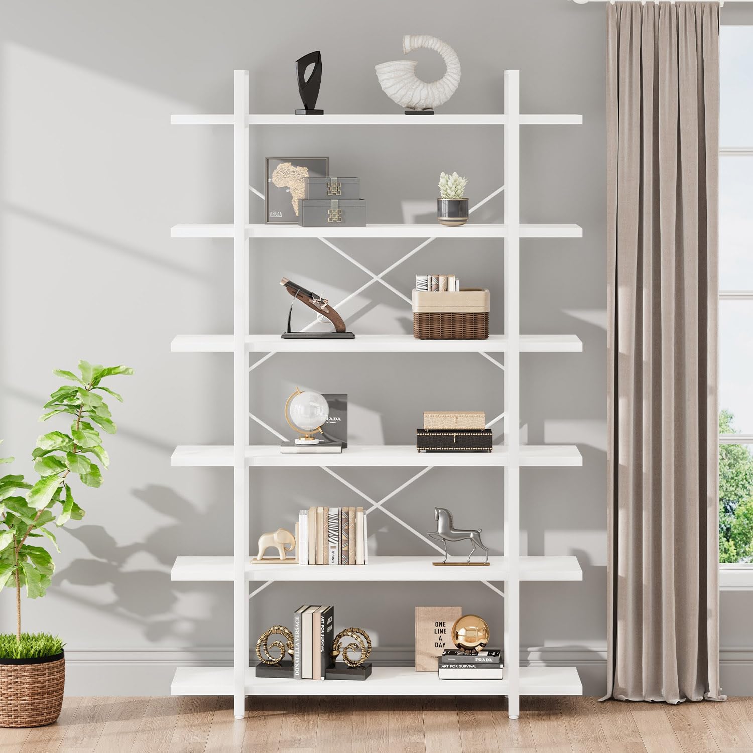 HSH White Bookshelf, 6 Tier Tall Bookcases for Bedroom Living Room Office | Industrial Modern Vertical Metal and Wood Bookcases, Farmhouse 6 Shelf Open Large Storage Book Shelves Display Book Shelf — 6-Tier / White Oak (4)