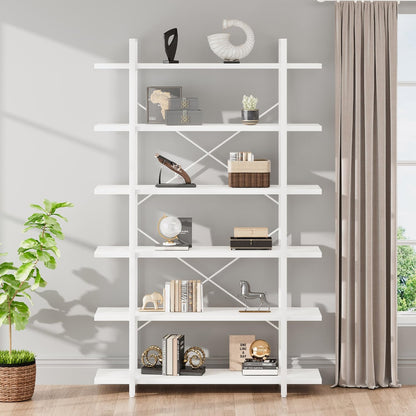 HSH White Bookshelf, 6 Tier Tall Bookcases for Bedroom Living Room Office | Industrial Modern Vertical Metal and Wood Bookcases, Farmhouse 6 Shelf Open Large Storage Book Shelves Display Book Shelf — 6-Tier / White Oak (4)