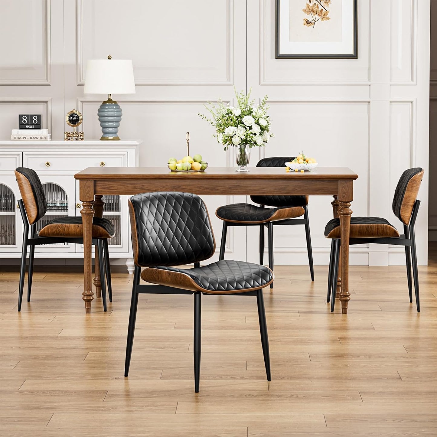 YaFiti Mid Century Dining Chairs Set of 4 with Walnut Bentwood, Greige | Ergonomic Walnut Backrest, Upholstered Waterproof PU Leather Seat, Stable Metal Legs, Adjustable Footpads, Apartment Friendly — Black Lozenge / 4