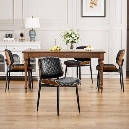 YaFiti Mid Century Dining Chairs Set of 4 with Walnut Bentwood, Greige | Ergonomic Walnut Backrest, Upholstered Waterproof PU Leather Seat, Stable Metal Legs, Adjustable Footpads, Apartment Friendly — Black Lozenge / 4