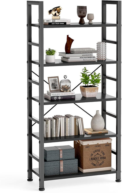 DUMOS 5-Tier Bookshelf, Modern Tall Bookcase Book Shelf | Open Storage Display Shelf for Living Room, Bedroom, Home Office, Narrow Standing Shelving Unit for Books, CDs, Décor Black — Black / 5 Tier
