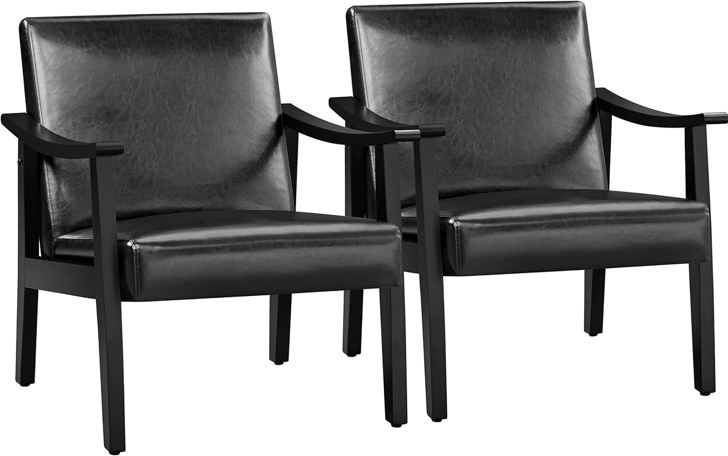 Yaheetech Faux Leather Accent Chair, Mid-Century Modern Armchair with Solid Wood Legs, Reading Leisure Chair with High Back for Living Room Bedroom Waiting Room, Set of 2, Brown — Black / Faux Leather