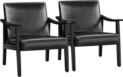 Yaheetech Faux Leather Accent Chair, Mid-Century Modern Armchair with Solid Wood Legs, Reading Leisure Chair with High Back for Living Room Bedroom Waiting Room, Set of 2, Brown — Black / Faux Leather