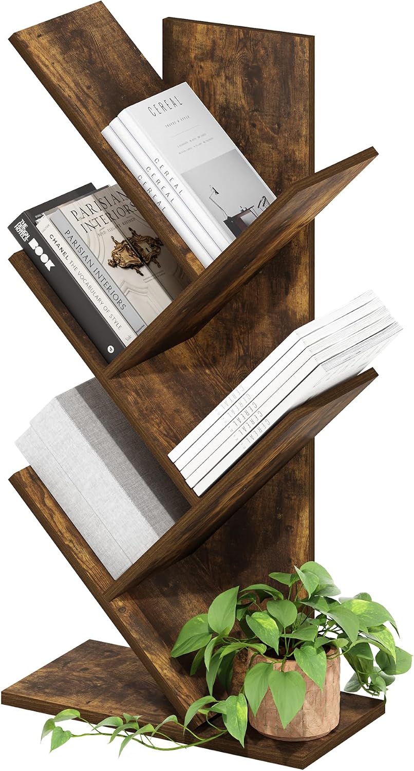 Furinno LUDER Book Shelf, 5-Cube Bookshelf, Reversible Bookcase, 9.4 x 19.5 x 31.5, Easy Assembly, for Living Room, Bedroom, Home Office, White — Amber Pine / 5-Tier Tree Bookcase