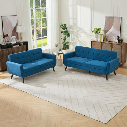 Tbfit Linen Fabric Single Sofa, Accent Chair, Mid Century Modern Armchair for Living Room, Bedroom Button Tufted Upholstered Comfy Reading Sofas, Beige — Loveseat & Standard / Blue