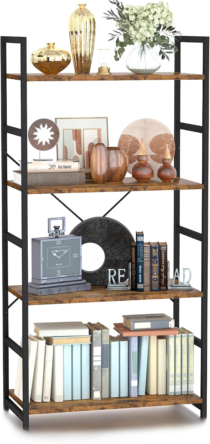 NUMENN 5 Tier Bookshelf, Tall Bookcase Shelf Storage Organizer, Modern Book Shelf for Bedroom, Living Room and Home Office, Vintage — 4 Tier / Vintage