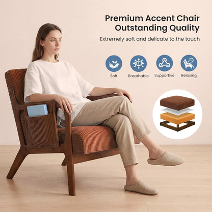 DUMOS Mid Century Modern Accent Chair, Upholstered Armchair with Lumbar Pillow and Solid Wood Frame, Comfy Reading Chair for Small Living Room, Bedroom, Guest Room, Navy Blue — Orange / 1 PC (4)