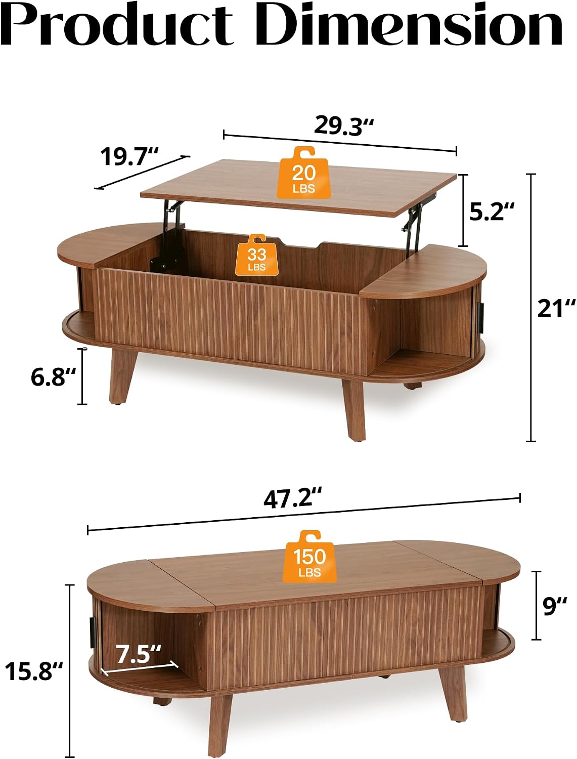Oval Lift Top Coffee Table with Storage, 47.2" Mid Century Modern Living Room Center Table with 180° Sliding Tambour Door, Wood Fluted Coffee Table for Home Office, Walnut — Walnut / Oval (2)