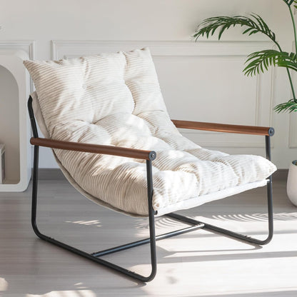 MAXYOYO Modern Accent Chair, Comfy Living Room Chair with Metal Frame Wooden Armrest, Upholstered Armchair with Soft Cushion for Bedroom Balcony Lounge Reading Room, Beige — Beige (Corded Fabric) / Standard