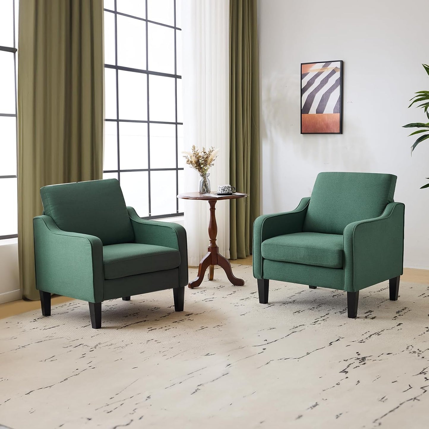 VINGLI Modern Accent Chairs Set of 2, Beige Living Room Chairs Comfy Armchair for Bedroom, Upholstered Sofa Chair Reading Chair for Small Spaces, Apartment, Waiting Room — 1 / Green Linen