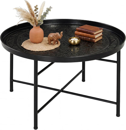 HOMCOM 24" Round Coffee Table with Hammered Tray Top, Vintage Metal Center Table for Living Room, Bedroom, Side Table, Gold — Black