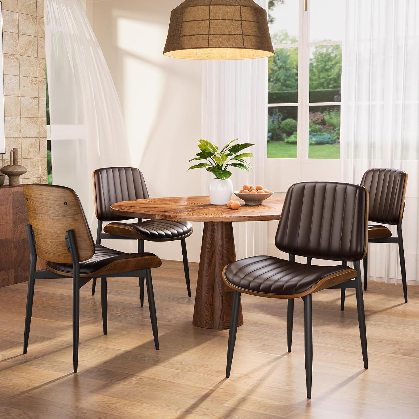 YaFiti Mid Century Dining Chairs Set of 4 with Walnut Bentwood, Greige | Ergonomic Walnut Backrest, Upholstered Waterproof PU Leather Seat, Stable Metal Legs, Adjustable Footpads, Apartment Friendly — Brown Pinstripe / 4