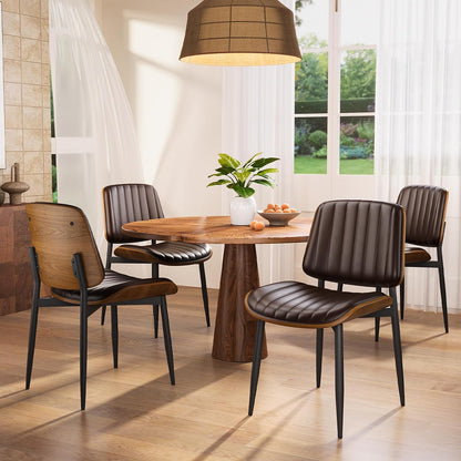 YaFiti Mid Century Dining Chairs Set of 4 with Walnut Bentwood, Greige | Ergonomic Walnut Backrest, Upholstered Waterproof PU Leather Seat, Stable Metal Legs, Adjustable Footpads, Apartment Friendly — Brown Pinstripe / 4