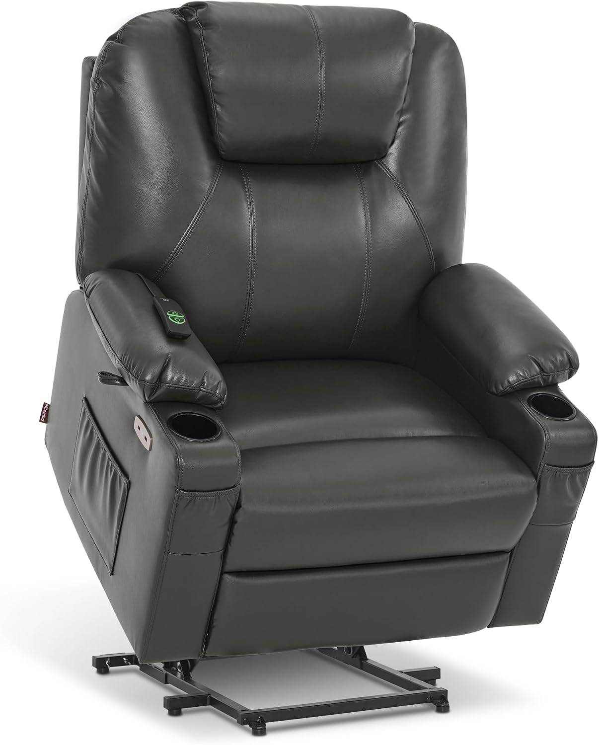MCombo Electric Power Lift Recliner Chair Sofa with Massage and Heat for Elderly, 3 Positions, 2 Side Pockets, and Cup Holders, USB Ports, Faux Leather 7040 (Grey, Medium) — Large-Wide / Grey