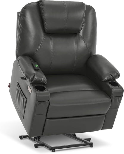 MCombo Electric Power Lift Recliner Chair Sofa with Massage and Heat for Elderly, 3 Positions, 2 Side Pockets, and Cup Holders, USB Ports, Faux Leather 7040 (Grey, Medium) — Large-Wide / Grey