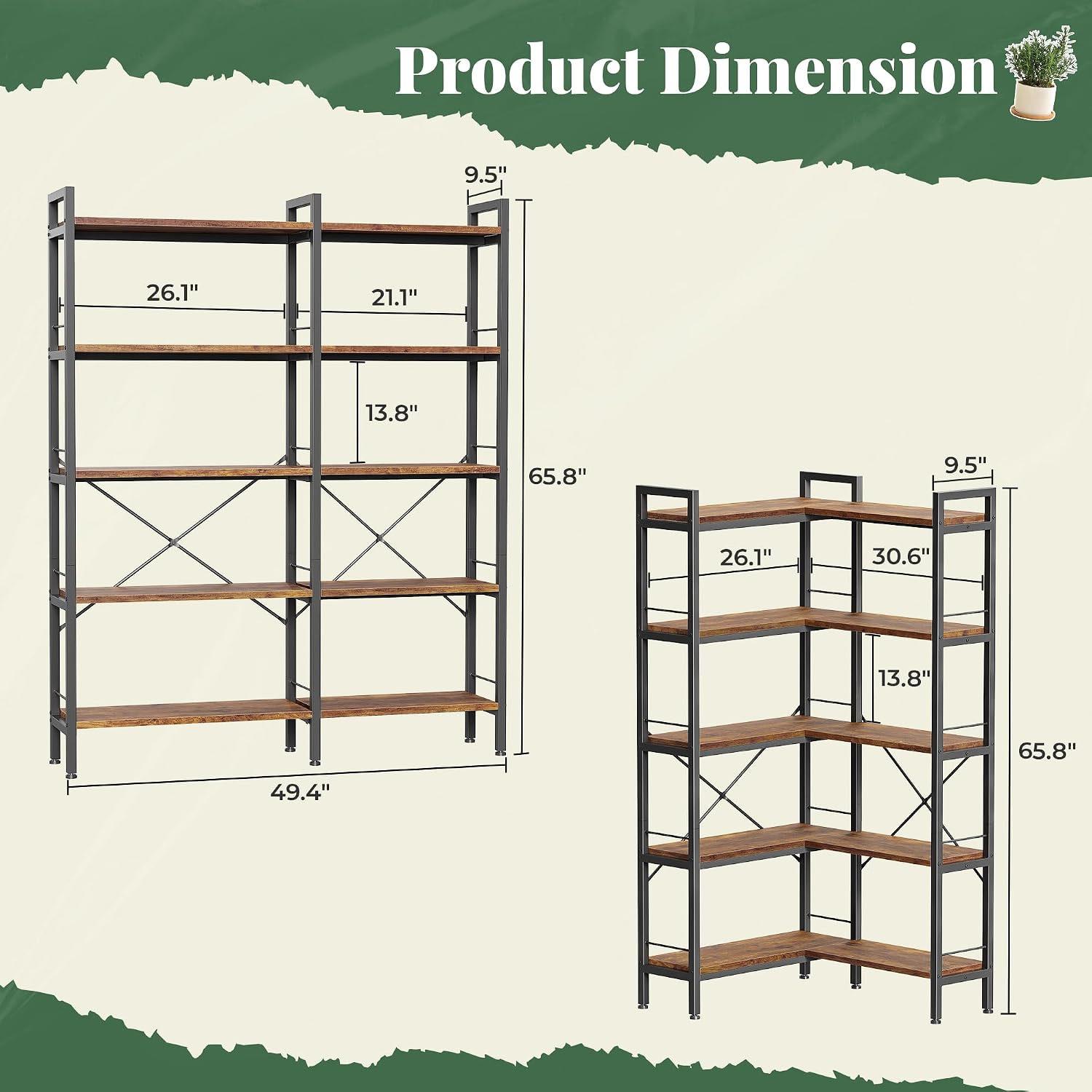 Huuger 5 Tier Bookshelf, L Shaped Corner Bookshelf with 10 Open Shelves, 49.4 Inch Straight Wide Bookcase with Metal Frame and Wooden Board, Adjustable Feet, Rustic Brown — 5 Tier / Rustic Brown (2)