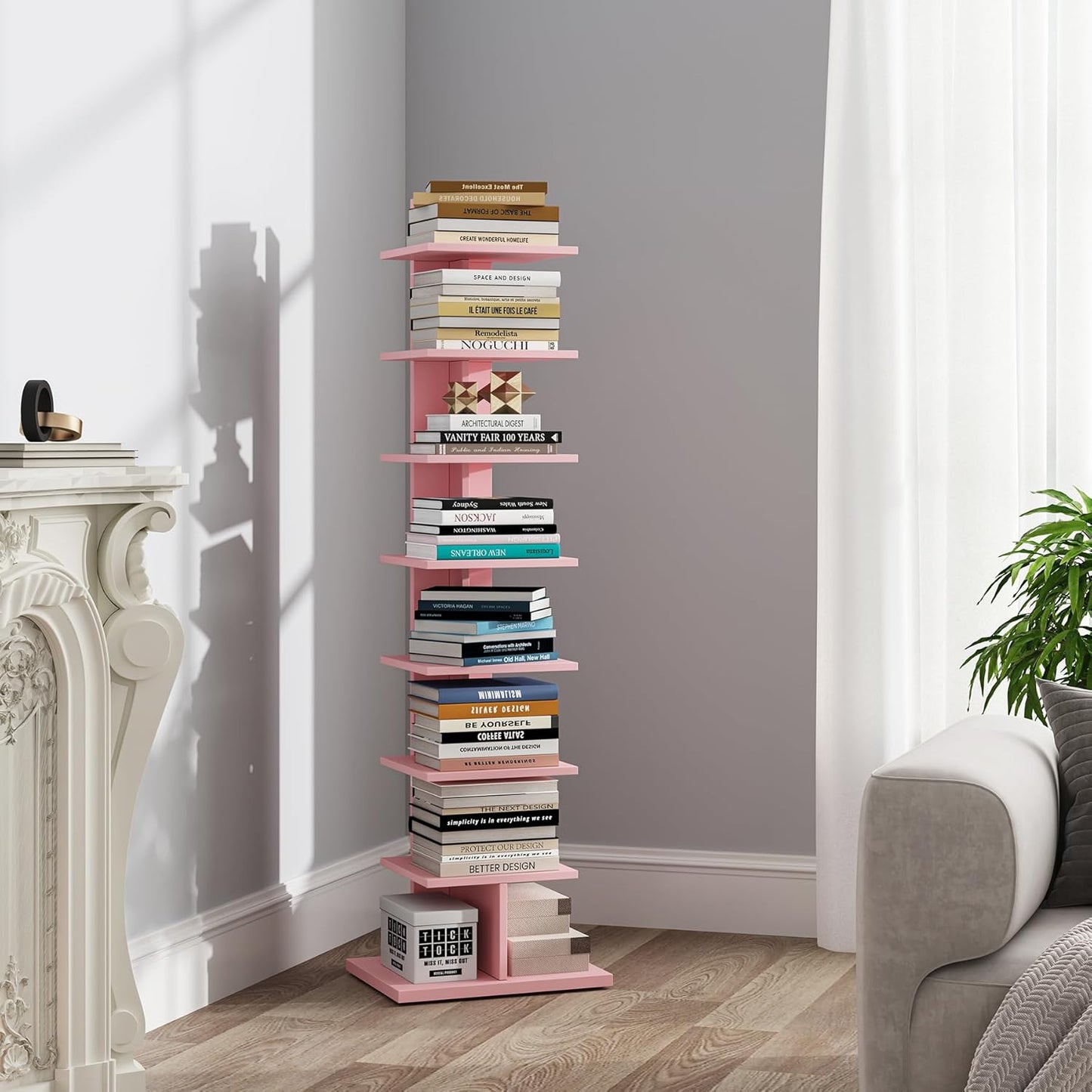 TUTOTAK Book Shelf, Narrow Spine Bookshelf, 8-Tier Bookcase for Small Space | 10.4 x 13.4 x 47.5 Inches Vertical Freestanding Corner Shelf for Living Room, Office, Study, Entryway, Brown BS06BB008 — 8 Tier / Pink