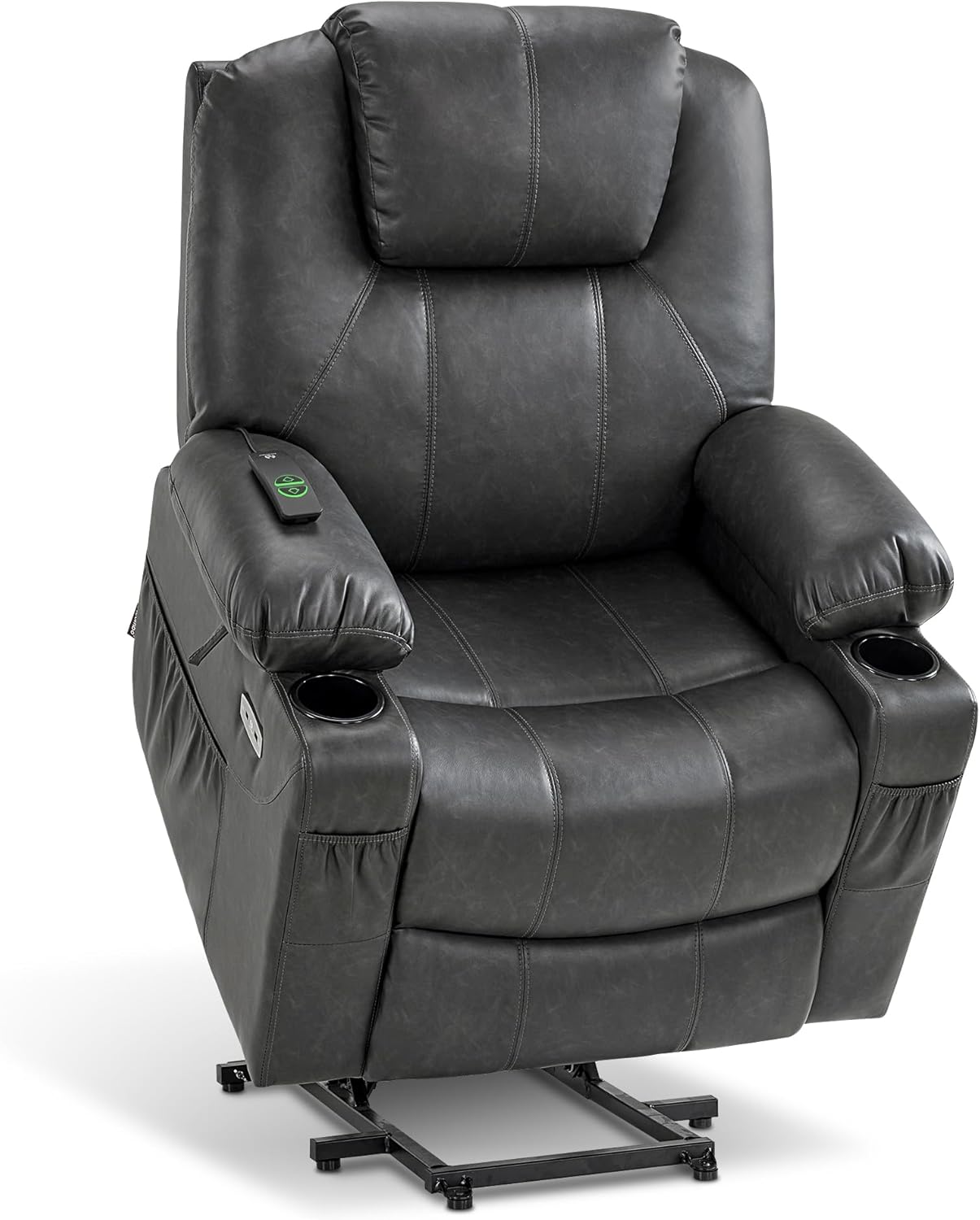 MCombo Electric Power Lift Recliner Chair Sofa with Massage and Heat for Elderly, 3 Positions, 2 Side Pockets, and Cup Holders, USB Ports, Faux Leather 7040 (Grey, Medium) — Medium / Grey