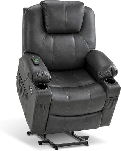 MCombo Electric Power Lift Recliner Chair Sofa with Massage and Heat for Elderly, 3 Positions, 2 Side Pockets, and Cup Holders, USB Ports, Faux Leather 7040 (Grey, Medium) — Medium / Grey