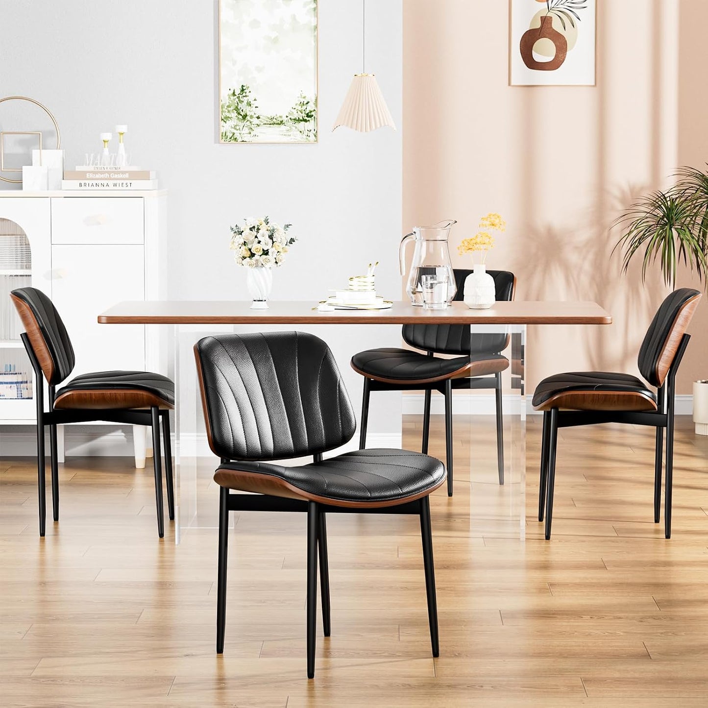 YaFiti Mid Century Dining Chairs Set of 4 with Walnut Bentwood, Greige | Ergonomic Walnut Backrest, Upholstered Waterproof PU Leather Seat, Stable Metal Legs, Adjustable Footpads, Apartment Friendly — Black Scallop / 4