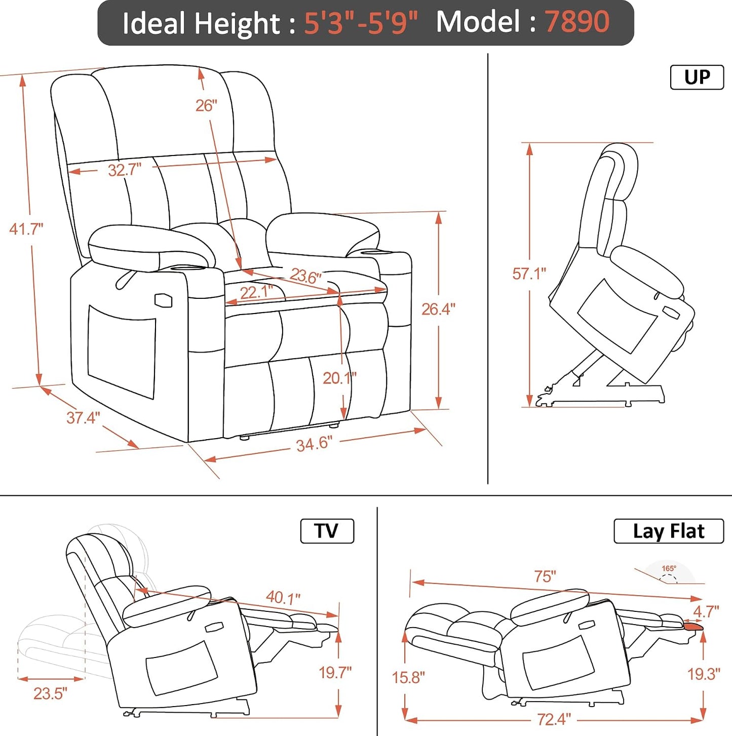MCombo Dual Motor Power Lift Recliner Chair with Massage and Heat for Elderly People, Infinite Position, USB Ports, Cup Holders, Fabric 7890 (Medium, Dark Gray) — Dark Gray / Medium (3)
