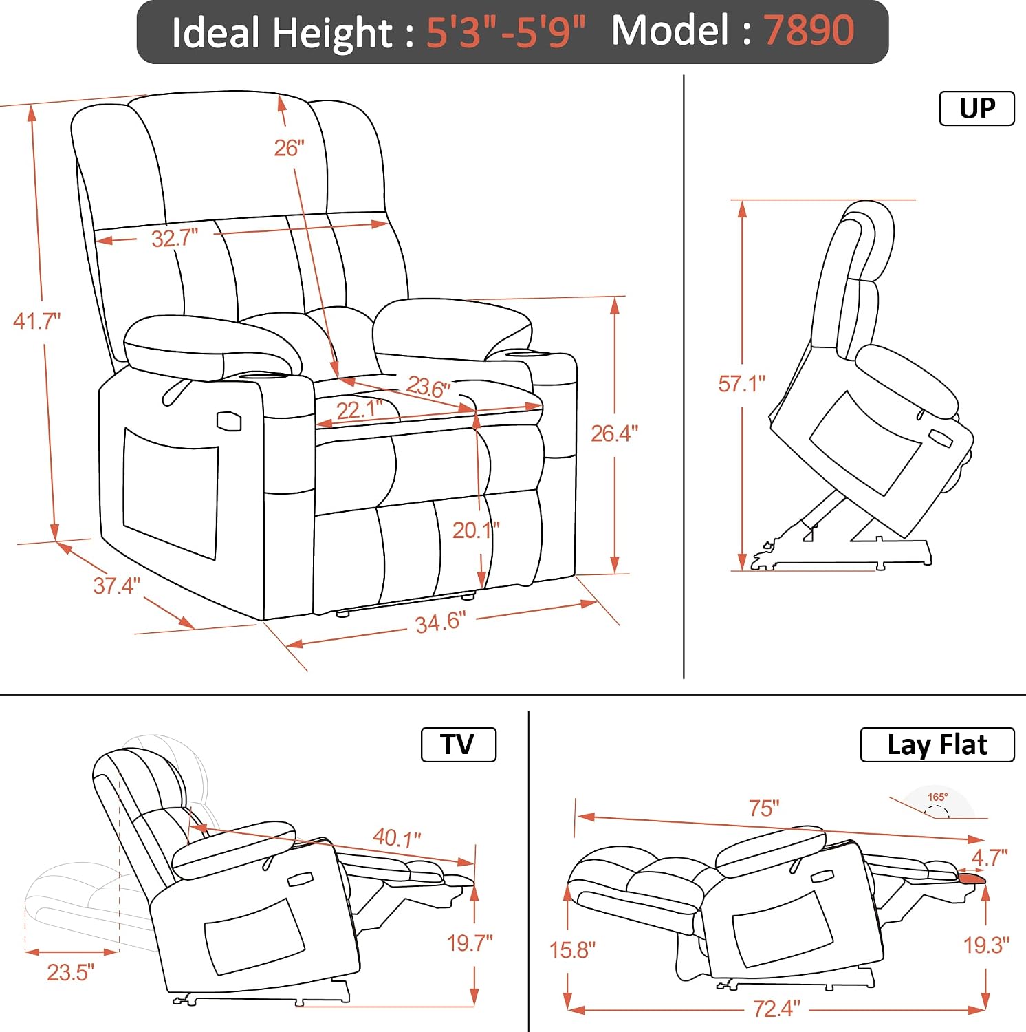 MCombo Dual Motor Power Lift Recliner Chair with Massage and Heat for Elderly People, Infinite Position, USB Ports, Cup Holders, Fabric 7890 (Medium, Dark Gray) — Dark Gray / Medium (3)