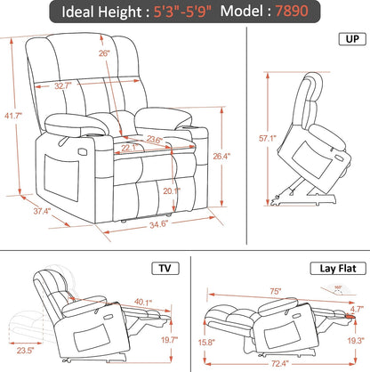 MCombo Dual Motor Power Lift Recliner Chair with Massage and Heat for Elderly People, Infinite Position, USB Ports, Cup Holders, Fabric 7890 (Medium, Dark Gray) — Dark Gray / Medium (3)