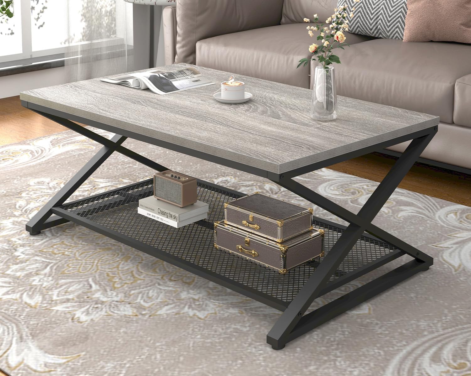 LVB Coffee Table for Living Room, 2 Tier Tea Table, 47 inch, Rustic Brown | Industrial Metal Wood Coffee Table with Storage, Farmhouse Wooden Rectangle Center Table with Mesh Shelf for Office Bedroom
