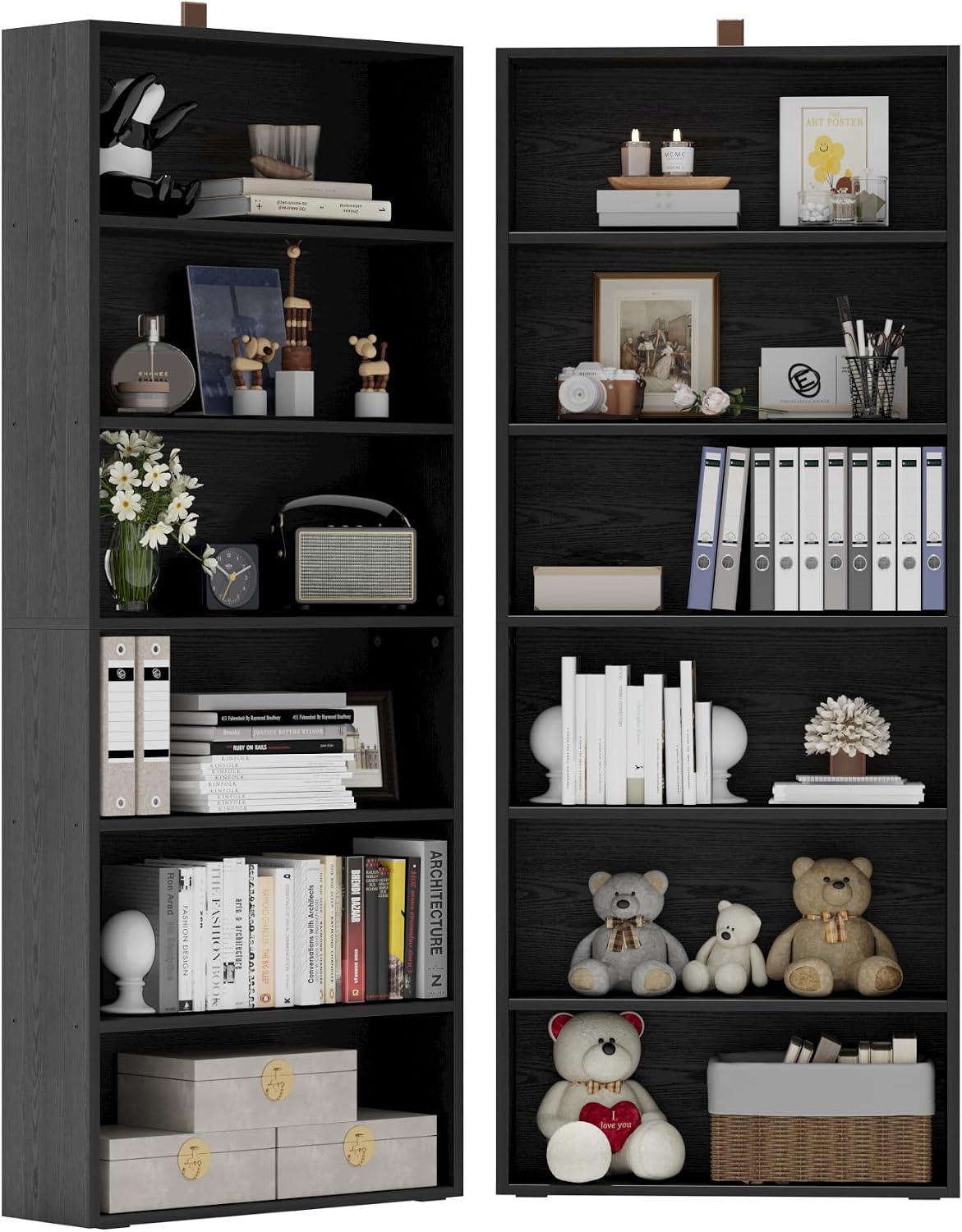 IRONCK Bookshelf and Bookcases 70" Tall, 6 Tiers Display Storage Shelves | Bookshelves Set of 2, Wood Bookcase with Open Display Shelves for Home Office, Living Room, Library, Industrial Brown — Vintage Black