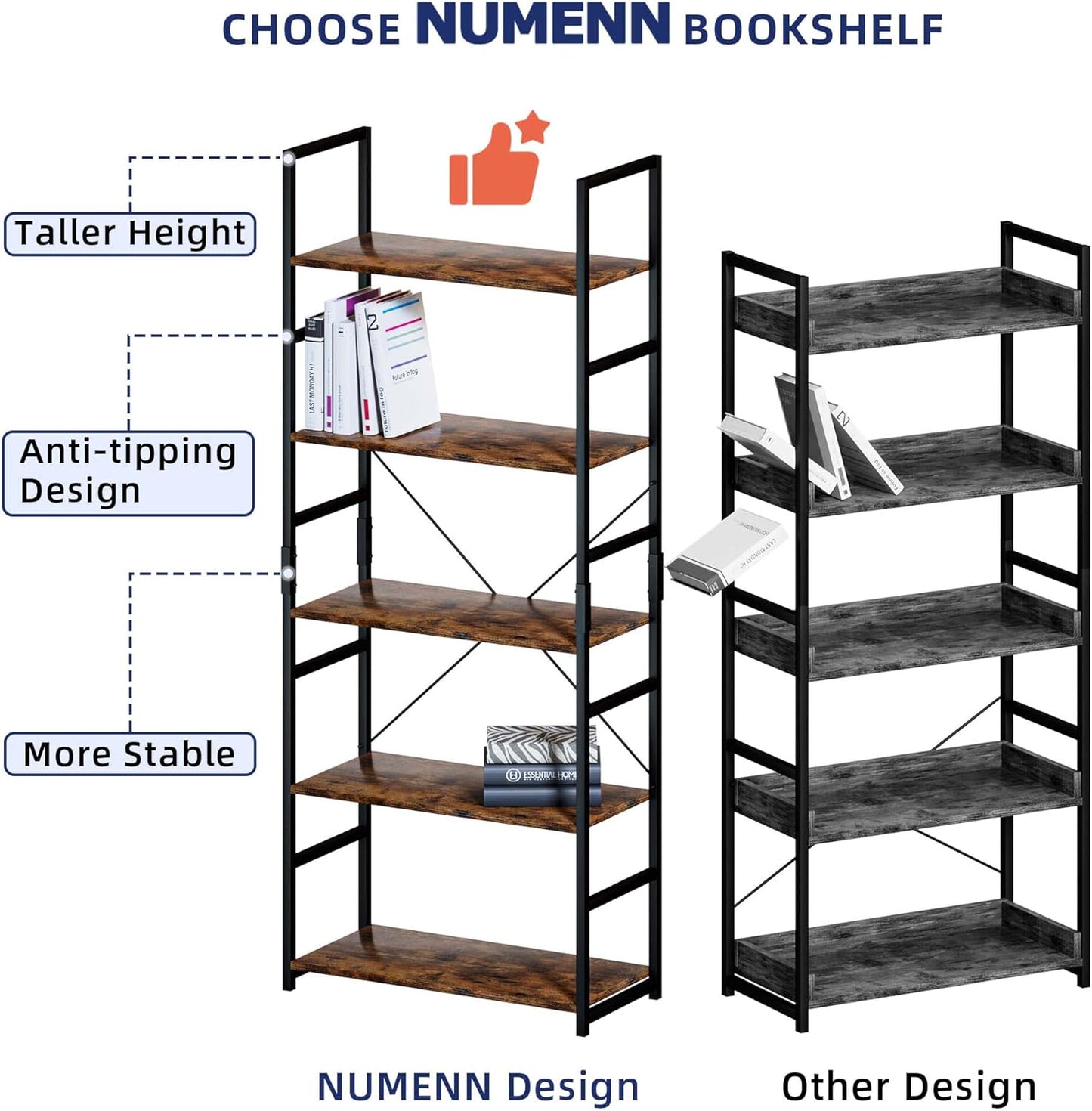 NUMENN 5 Tier Bookshelf, Tall Bookcase Shelf Storage Organizer, Modern Book Shelf for Bedroom, Living Room and Home Office, Vintage — 5 Tier / Vintage (7)