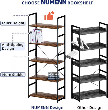 NUMENN 5 Tier Bookshelf, Tall Bookcase Shelf Storage Organizer, Modern Book Shelf for Bedroom, Living Room and Home Office, Vintage — 5 Tier / Vintage (7)