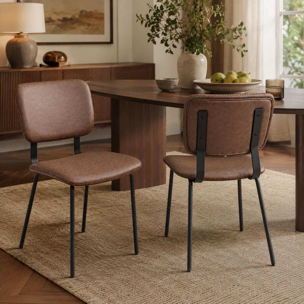 Brown Dining Chairs Set of 2, Faux Leather Upholstered Kitchen & Dining Room Chairs with Back, Modern Armless Side Chairs with Black Metal Legs for Dining Room, Kitchen, Vanity, Guest Room