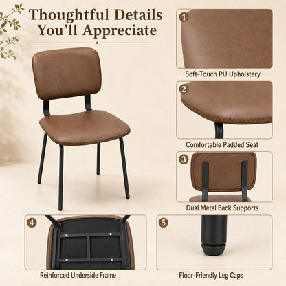 Brown Dining Chairs Set of 2, Faux Leather Upholstered Kitchen & Dining Room Chairs with Back, Modern Armless Side Chairs with Black Metal Legs for Dining Room, Kitchen, Vanity, Guest Room