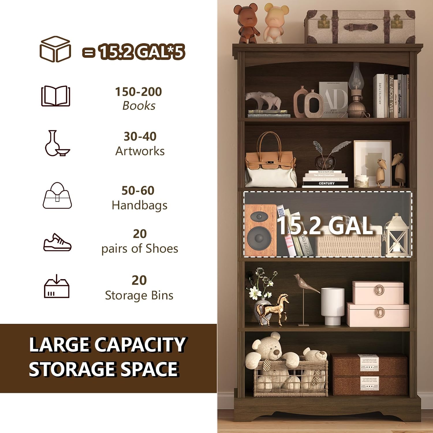 TVU 5-Tier Wooden Bookshelf, 31.5" W x 65" H ×9.9" D Bookshelf with Storage, Floor Standing Modern Style Display Bookcase for Living Room, Office, Study Room, Entryway, Brown — Brown / 5 Tier (4)
