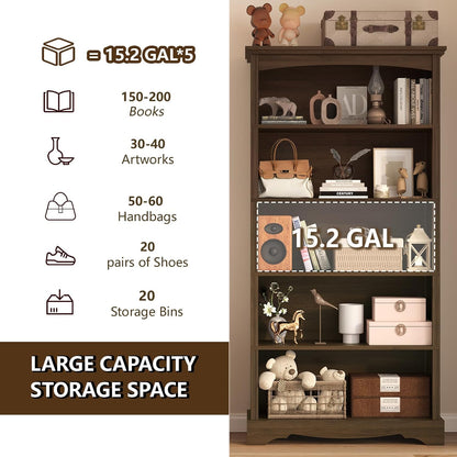 TVU 5-Tier Wooden Bookshelf, 31.5" W x 65" H ×9.9" D Bookshelf with Storage, Floor Standing Modern Style Display Bookcase for Living Room, Office, Study Room, Entryway, Brown — Brown / 5 Tier (4)