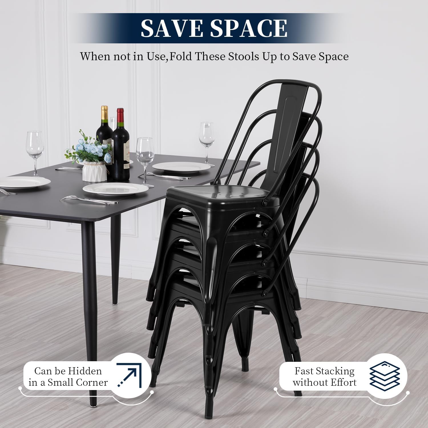 FDW | Metal Dining Chairs | Set of 4 | Black | Stackable Tolix Side Chairs with Backrest | Scratch-Resistant | Non-Slip Feet | Indoor/Outdoor Use | 330 lbs Capacity | for Kitchen & Restaurant — Black / Steel Seat (4)