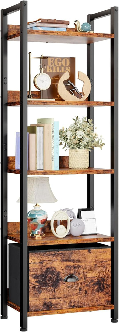 Furologee 5 Tier Bookshelf with Drawer, Tall Narrow Bookcase with Shelves, Wood and Metal Bookshelves Storage Organizer, Industrial Display Standing Shelf Unit for Bedroom, Living Room, Rustic Brown — Rustic Brown / 5 Tier -1 PCS