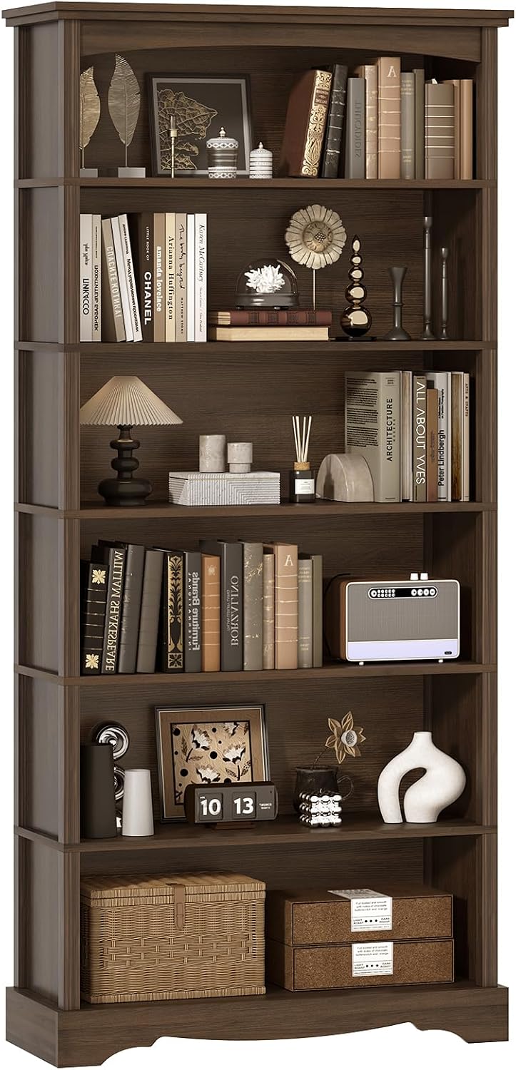TVU 5-Tier Wooden Bookshelf, 31.5" W x 65" H ×9.9" D Bookshelf with Storage, Floor Standing Modern Style Display Bookcase for Living Room, Office, Study Room, Entryway, Brown — Brown / 6 Tier