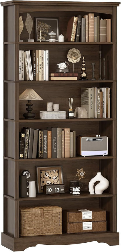 TVU 5-Tier Wooden Bookshelf, 31.5" W x 65" H ×9.9" D Bookshelf with Storage, Floor Standing Modern Style Display Bookcase for Living Room, Office, Study Room, Entryway, Brown — Brown / 6 Tier