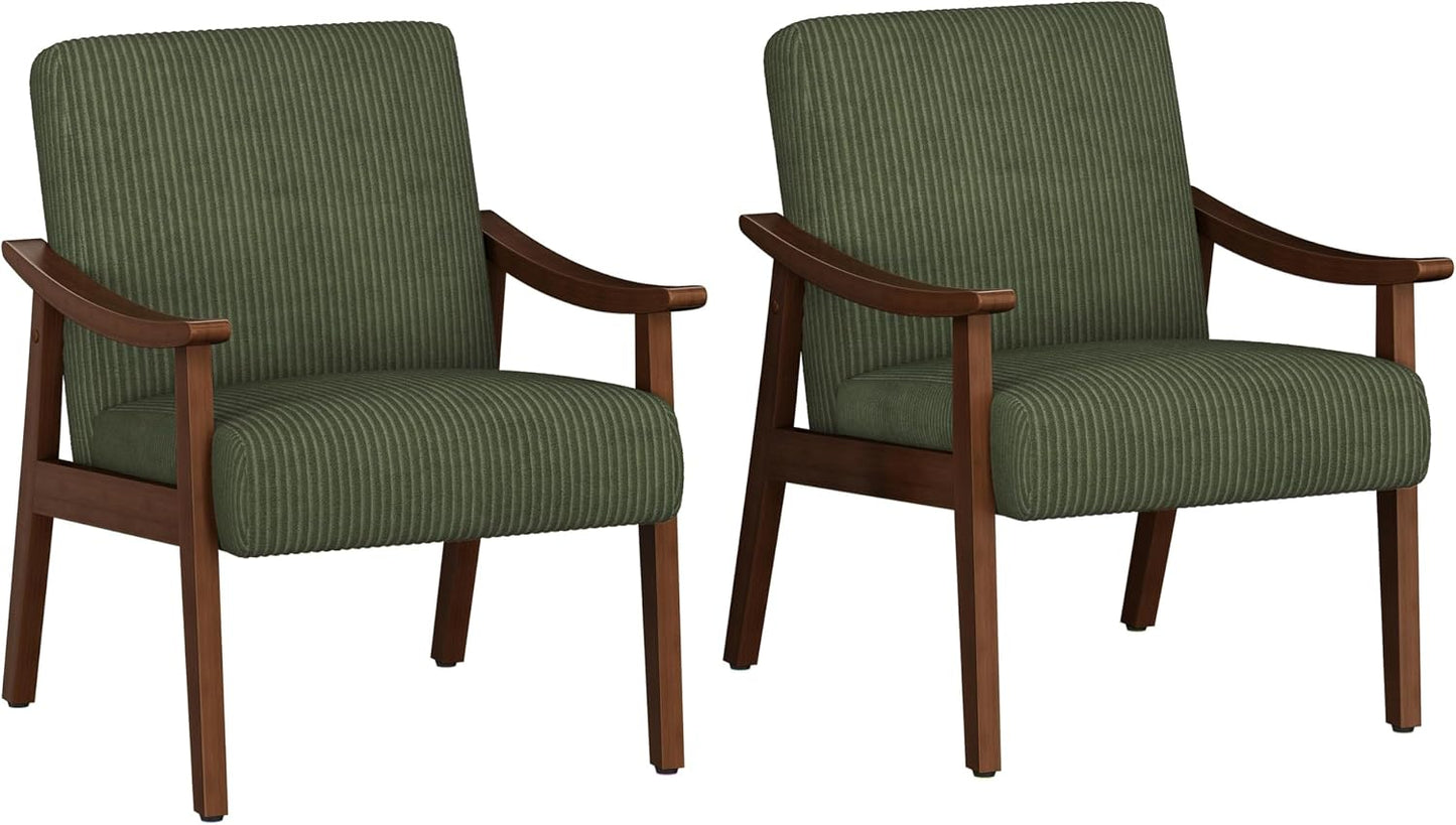 Yaheetech Faux Leather Accent Chair, Mid-Century Modern Armchair with Solid Wood Legs, Reading Leisure Chair with High Back for Living Room Bedroom Waiting Room, Set of 2, Brown — Dark Green / Corduroy Fabric