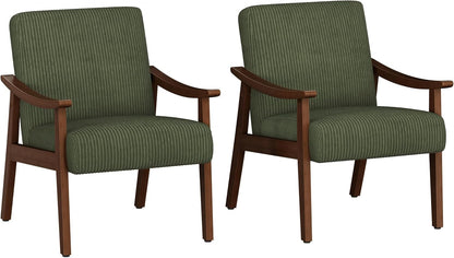 Yaheetech Faux Leather Accent Chair, Mid-Century Modern Armchair with Solid Wood Legs, Reading Leisure Chair with High Back for Living Room Bedroom Waiting Room, Set of 2, Brown — Dark Green / Corduroy Fabric