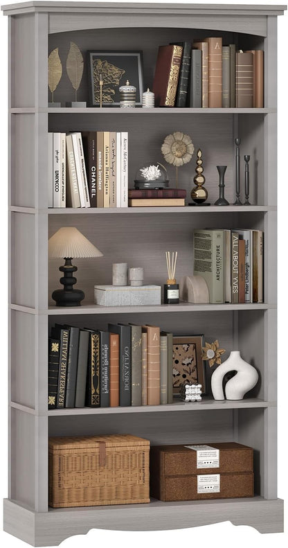 TVU 5-Tier Wooden Bookshelf, 31.5" W x 65" H ×9.9" D Bookshelf with Storage, Floor Standing Modern Style Display Bookcase for Living Room, Office, Study Room, Entryway, Brown — Grey / 5 Tier