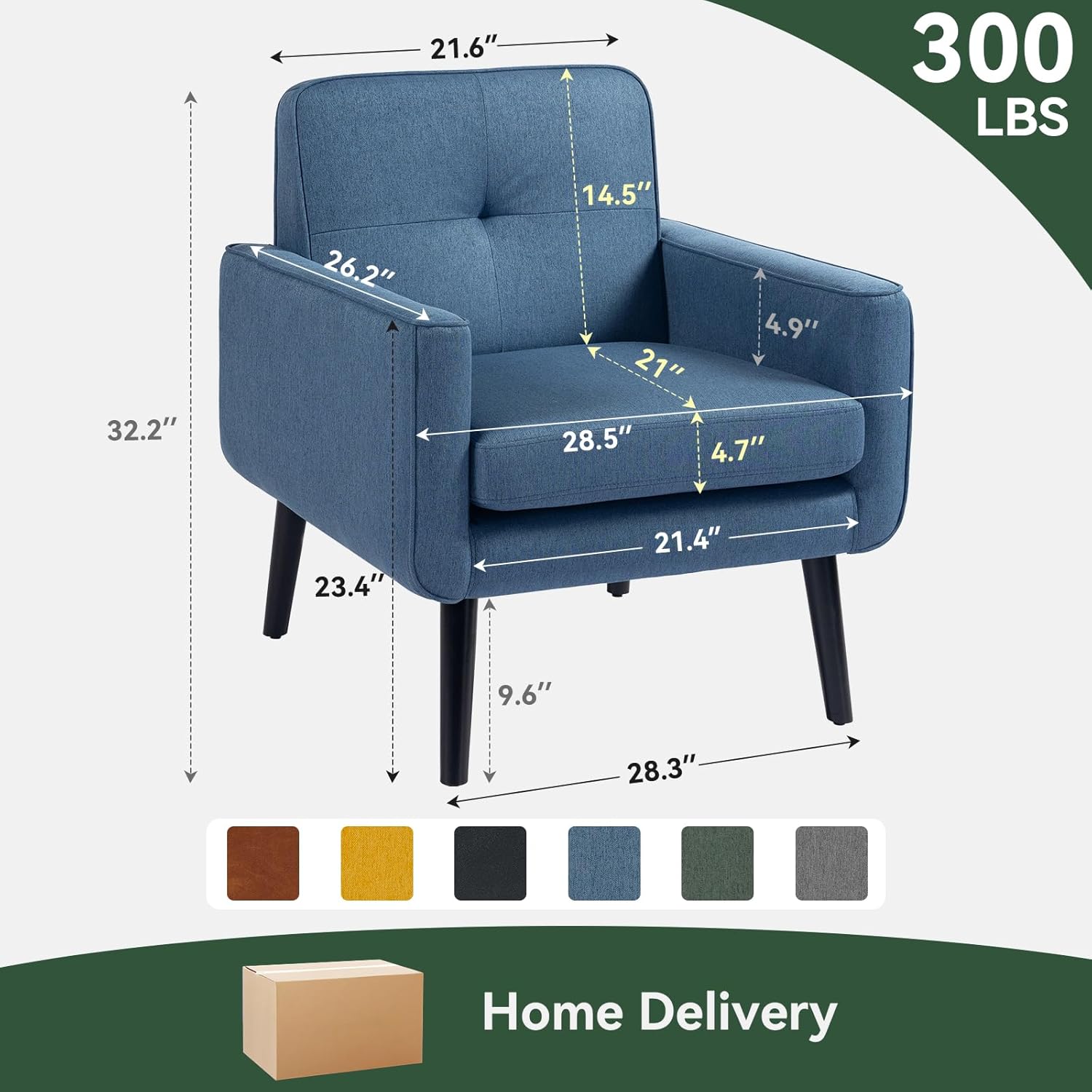 Vogue Furniture Direct Mid Century Accent Chair, Fabric Modern Chair with Wooden Frame, Cozy Armchair Reading Chair with Comfy Back for Apartment, Living Room, Bedroom, Small Space, Corner, Blue — Blue / 1 (2)