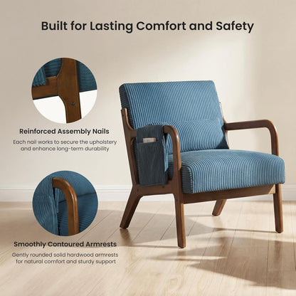 DUMOS Mid Century Modern Accent Chair, Upholstered Armchair with Lumbar Pillow and Solid Wood Frame, Comfy Reading Chair for Small Living Room, Bedroom, Guest Room, Navy Blue — Navy Blue / 1 PC (6)