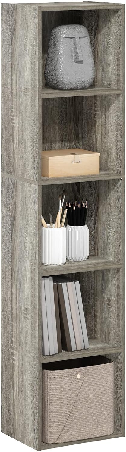 Furinno LUDER Book Shelf, 5-Cube Bookshelf, Reversible Bookcase, 9.4 x 19.5 x 31.5, Easy Assembly, for Living Room, Bedroom, Home Office, White — French Oak / 5-Tier Cube