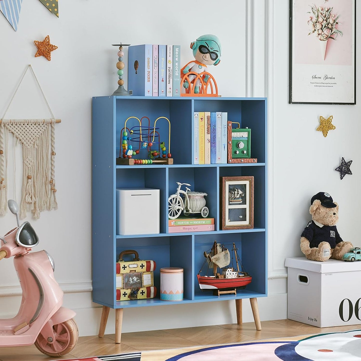 LEYAOYAO Cube Bookshelf 3 Tier Mid-Century Rustic Brown Modern Bookcase with Legs,Retro Wood Bookshelves Storage Organizer Shelf,Freestanding Open Book Shelves for Bedroom,Living Room,Office — Blue / 7 Cube with Legs